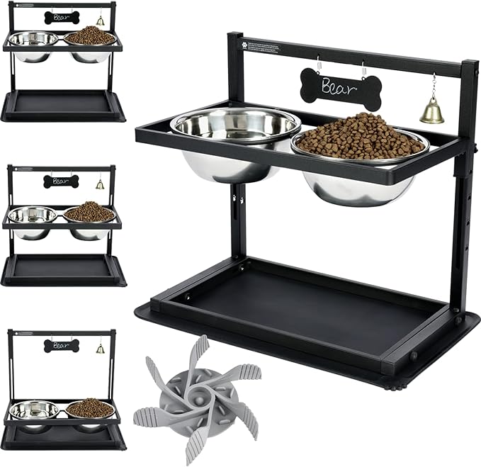 SHAINFUN Elevated Dog Bowls - Slow Feeder, Raised Stand with Two 1700ML Stainless Steel Bowls, Spill Proof Mat for Large &amp; Medium Dogs