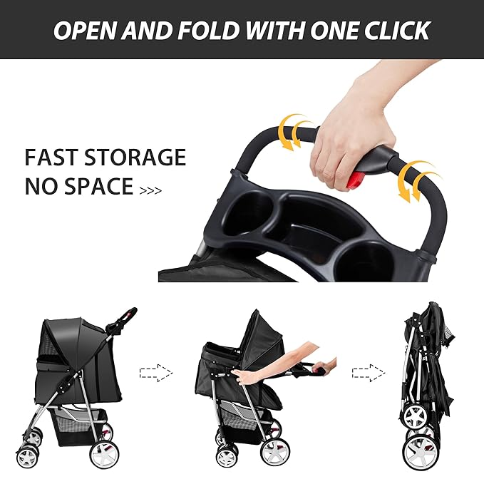 4 Wheels Pet Stroller for Small Medium Dogs Cats 10-33 lbs, Foldable Dog and Cat Stroller with Cup Holder &amp; Storage Basket &amp; Breathable Mesh, Pet Strolling Cart for All-Season, Black