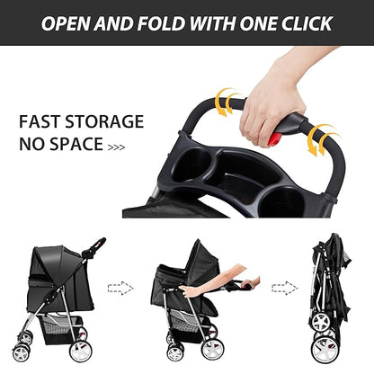 4 Wheels Pet Stroller for Small Medium Dogs Cats 10-33 lbs, Foldable Dog and Cat Stroller with Cup Holder &amp; Storage Basket &amp; Breathable Mesh, Pet Strolling Cart for All-Season, Black