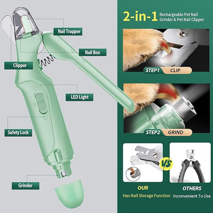 Dog Nail Clippers &amp; Cat Nail Clipper with Catcher, 2 in 1 Dog Nail Trimmers &amp; Grinder with Light for Large Small Dogs Cats,Silent Groom Pro Claw Trimmer, Rechargeable Dogs Nails Grinder Quiet