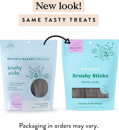 Bocce’s Bakery Dailies Brushy Sticks to Support Oral Health &amp; Fresh Breath, Wheat-Free Dental Bars for Dogs, Made with Real Ingredients, Baked in the USA, All-Natural Coconut &amp; Mint Recipe, Small Dogs