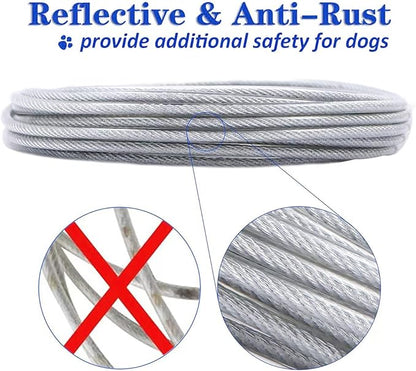 Dog Tie Out Cable for Dogs Outside Up to 250lbs,10/20/30/50/100FT Long Dog Leash&amp;Chains,Small-Large Dogs Runner Cable for Yard,Heavy Duty Lead Line for Outdoor,Camping,Yard (250lbs 100FT, Silver)