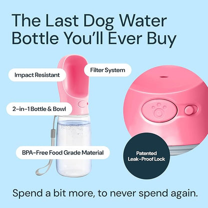 MalsiPree Dog Water Bowl Dispenser - 12 Oz, Pink - Portable Dog Water Bottle &amp; Travel Pet Bowl - Leak Proof