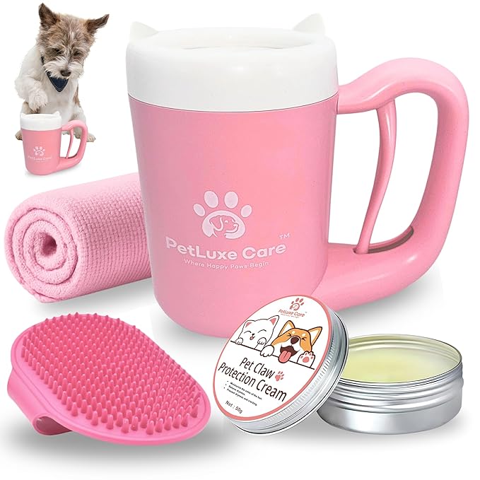 Dog Paw Cleaner for Small &amp; Medium Dogs – Portable Paw Washer Cup with Soft Silicone Brush, Towel &amp; Moisturizing Balm – Gently Cleans Muddy Paws After Walks (Pink, Small)