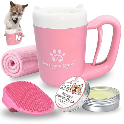 Dog Paw Cleaner for Small &amp; Medium Dogs – Portable Paw Washer Cup with Soft Silicone Brush, Towel &amp; Moisturizing Balm – Gently Cleans Muddy Paws After Walks (Pink, Small)