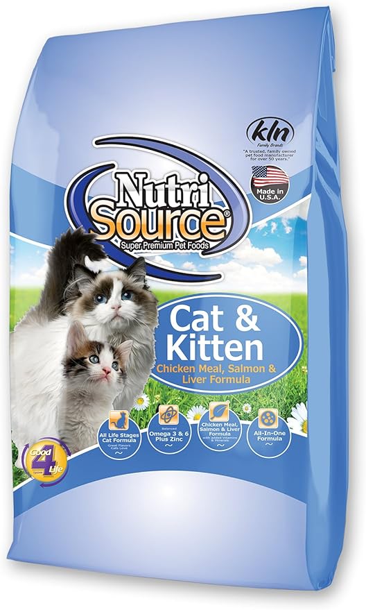 NutriSource Cat &amp; Kitten Food, Made with Chicken Meal, Salmon and Liver, with Wholesome Grains, 6.6LB, Dry Cat Food