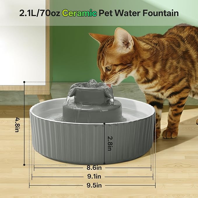 Ceramic Cat Water Fountain, 2.1L/70oz Porcelain Pet Drinking Dispenser with 4 Set Replacement Filter &amp; Sponge, Automatic Dog Water Bowl with Ultra-Quiet Pump, Cat Feeding Watering Supplies(Grey)