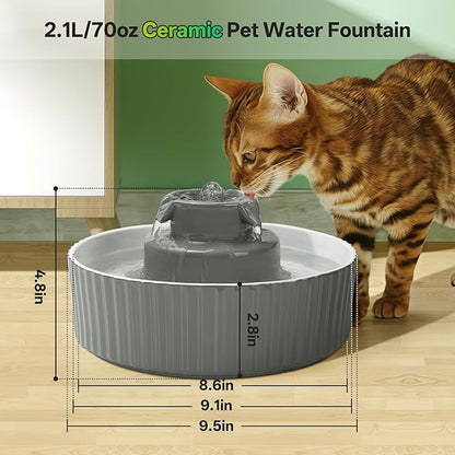 Ceramic Cat Water Fountain, 2.1L/70oz Porcelain Pet Drinking Dispenser with 4 Set Replacement Filter &amp; Sponge, Automatic Dog Water Bowl with Ultra-Quiet Pump, Cat Feeding Watering Supplies(Grey)