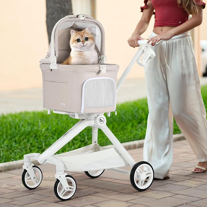 TT Lightweight Pet Stroller for Small Dogs &amp; Cats - 4-Way Installation Carrier, One-Hand Fold, 180° Canopy Cover &amp; Adjustable Handle (Beige)