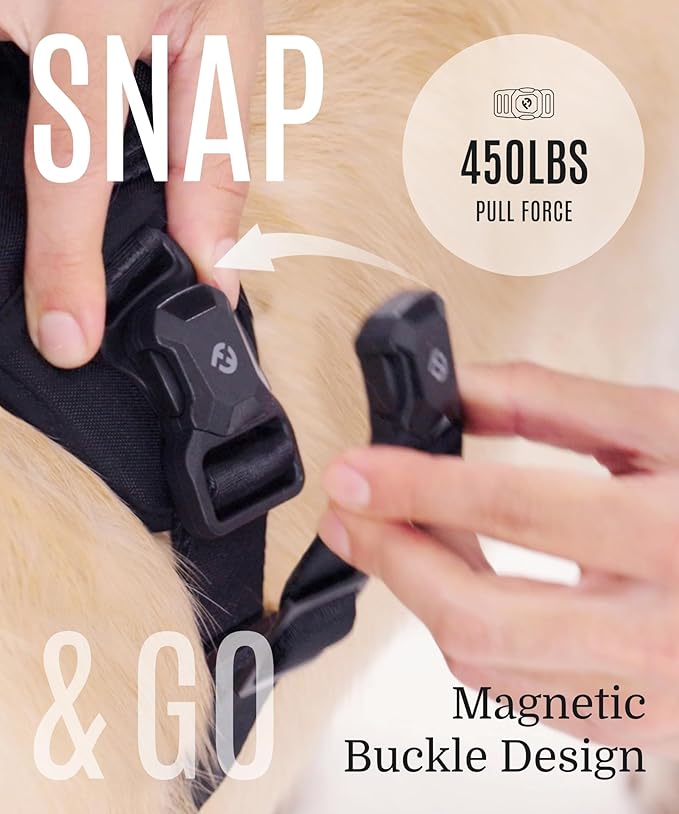 2025 New Edition, Fei &amp; Eve MagEase Dog Harness - 3-Second Magnetic Buckles | 3-Point No-Pull Control | Heavy-Duty 900D Nylon | Dual Safety Handles | Breathable Mesh | Adjustable Fit, Large, Champagne