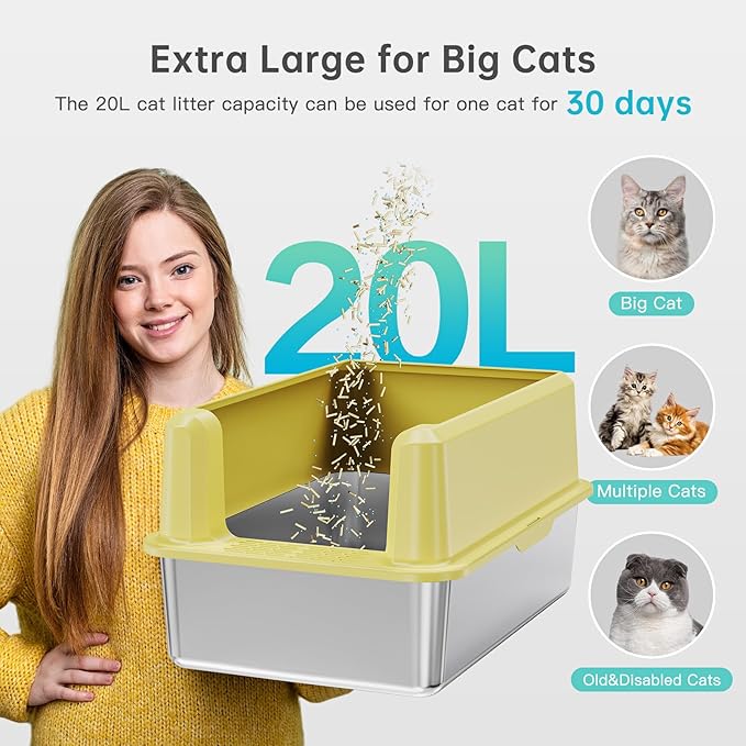 Stainless Steel Litter Box with High Side, XXL Extra Large Cat Litter Box for Big Cats &amp; Multiple Cats, Non-Sticky, No Urine Leakage, Easy Clean Cat Litter Pan Include Scoop