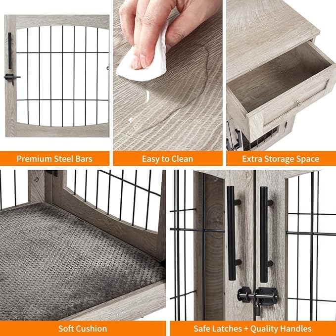 Dog Crate Furniture for Large Dogs, Wooden Dog Kennel Indoor with Double Doors, Dog Cage with Cushion &amp; Drawers, Dog House Side End Table for Large Medium Dogs up to 70 lb, 39.4” L, Grey
