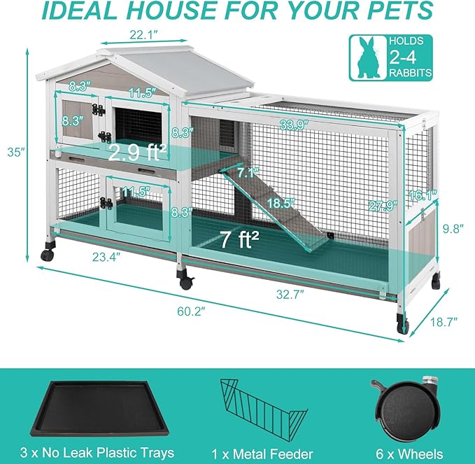 2-Tier Rabbit Hutch with Wheels, Indoor &amp; Outdoor Small Animal Cage with Deep Pull-Out Tray, Anti-Chew Frame, Habitat for Bunny, Guinea Pig, Chinchilla (60" L x 19" W x 35" H)