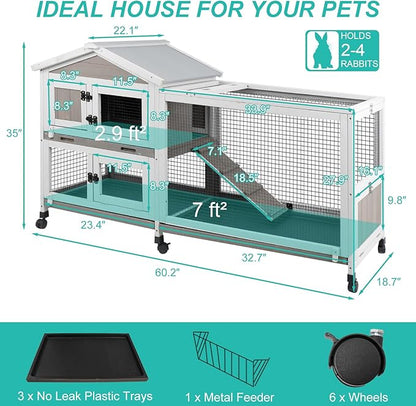 2-Tier Rabbit Hutch with Wheels, Indoor &amp; Outdoor Small Animal Cage with Deep Pull-Out Tray, Anti-Chew Frame, Habitat for Bunny, Guinea Pig, Chinchilla (60" L x 19" W x 35" H)