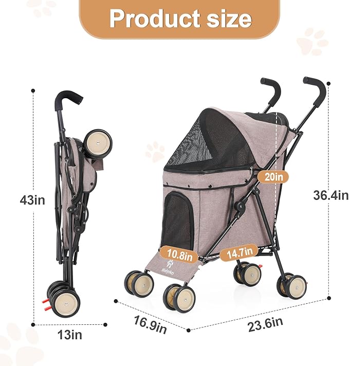 Umbrella Dog Stroller, 4 Wheels Pet Strolling, Foldable Carrier Pet Stroller for Small Dogs Cats, with Carrying Strap and Cup Holder, Dog Poop Bags &amp; Dispenser, Up to 33 lbs, Coffee