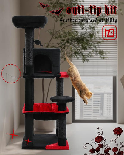 Gothic Cat Tree with Super Large Hammock, 45.7" Black Cat Tower with Coffin Bed, Cat Condo, Sisal Scratching Posts &amp; Top Perch, Multi-Level Goth Cat Tree, Halloween, Black