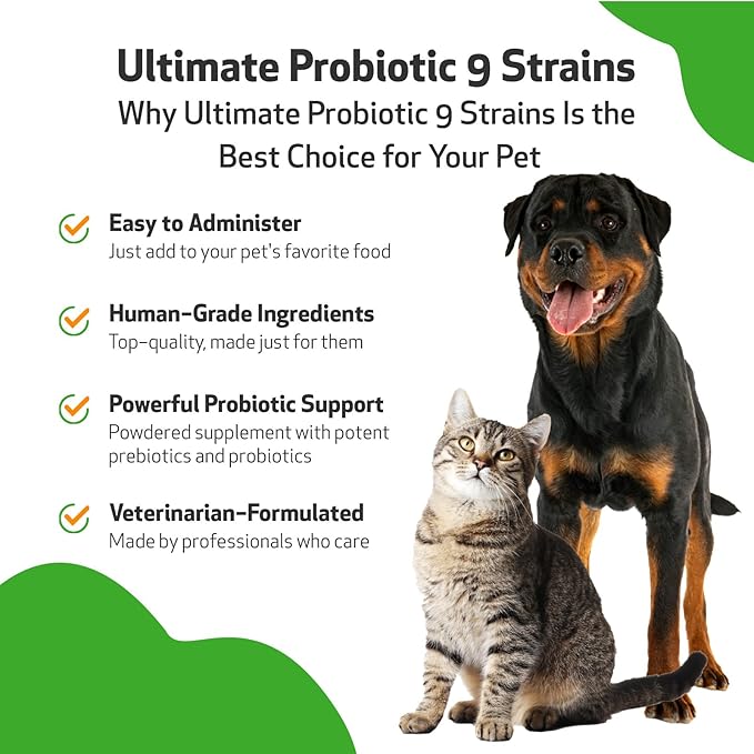 Pet Wellbeing Ultimate Probiotic 9 Strains for Dogs &amp; Cats - Supports The Gut Microbiome and Digestion, Immune System Care, Urinary Tract Health, FOS, 2.5 Billion CFU - 11.29 oz (320 g) Powder