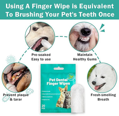 Portable Dog Teeth Dental Finger Wipes for Dogs &amp; Cats No-Rinse Dog Finger Toothbrush Dog Plaque &amp; Tartar Prevention with Brushing Beads Dog Breath Freshene 20pcs