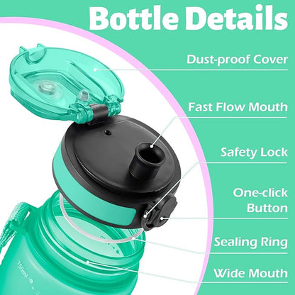 OLDLEY 25 oz Water Bottle, Motivational Water Bottle with Time Marker, Sports Water Bottle With Strap, Leakproof &amp; BPA Free Large Water Bottles for School, Gym, Travel, Outdoor, Tritan,Green&amp;Purple