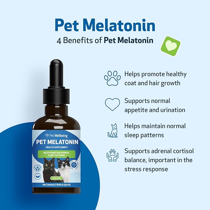 Pet Wellbeing Pet Melatonin for Cats - Supports Adrenal &amp; Thyroid Health, Cortisol Balance, Helps Maintain Normal Sleep Patterns - Veterinarian-Formulated Liquid Supplement 2 fl oz (59 ml)