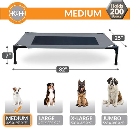 K&amp;H Pet Products Outdoor Elevated Dog Cot, Breathable Cooling Elevated Cot Hammock Pet Bed for Medium Dogs, Washable Mesh Cover, Raised Metal Frame, Collapsible, Portable - Medium 32 X 25in Gray