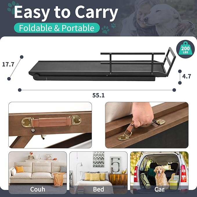 Dog Ramp, 5 Level Adjustable Height Folding Pet Ramp for High Bed, Portable Paw Ramps Large Bed Ramp for Medium &amp; Large Old Dogs &amp; Cats - Natural Wood Furniture Quality