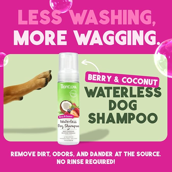 TropiClean No Rinse Waterless Dog Shampoo | Detangling and Deodorizing Dry Shampoo for Smelly Pets | Moisturizes Dry Skin | USA Made | Berry Scent | 7.4oz