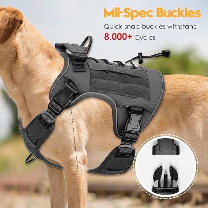 Heavy-Duty Tactical Dog Harness for Large Dogs, No Pull Adjustable Reflective Pet Vest with Molle System, K9 Military-Grade Control for Service Training, Outdoor &amp; 10+ Breeds, Gray, XX-Large