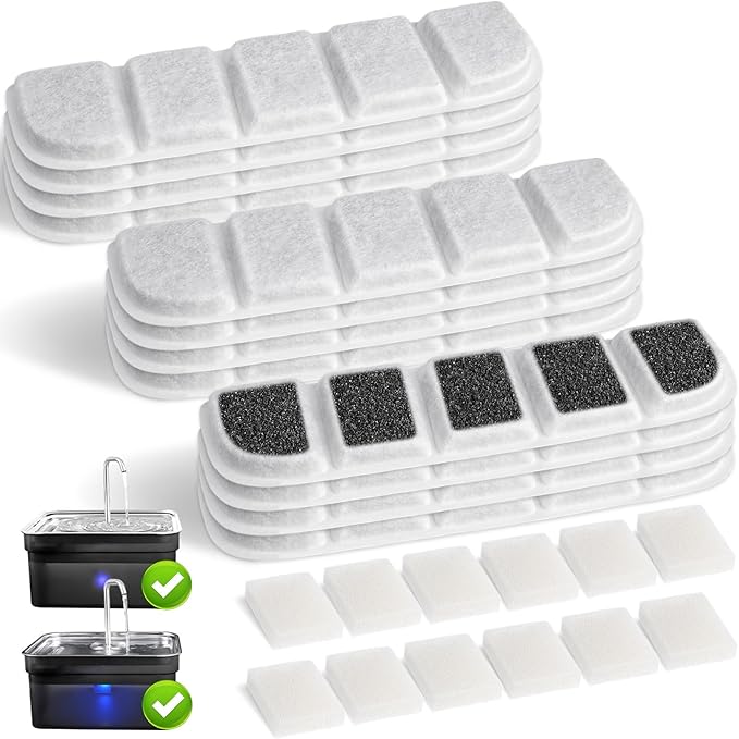 12 Pack Replacement Filter for SIBAYS &amp; Kastty 355oz / 2.8Gal / 10.5L Large Dog Water Fountain, Coconut Shell Activated Carbon Pet Water Fountain Filters with 12 Pack Sponges