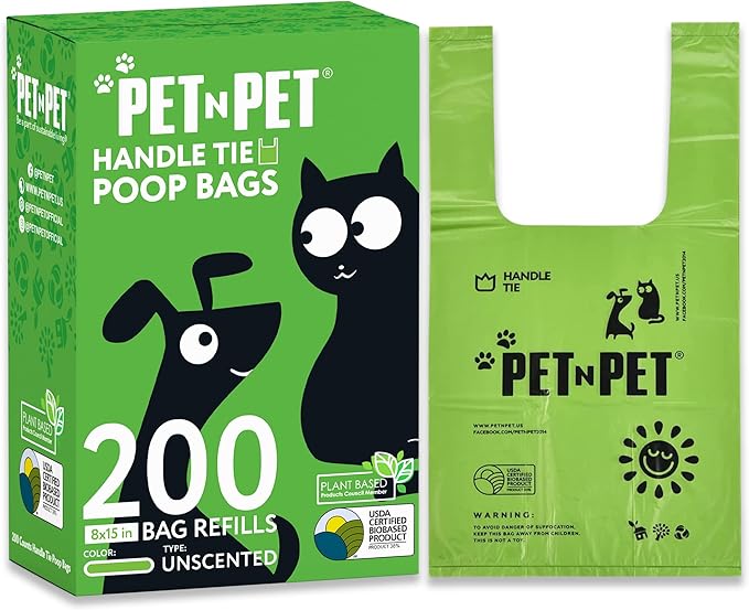 Pet N Pet 200 Counts Unscented Dog Poop Bags Rolls with Tie Handles, 38% Plant Based &amp; 62% PE Poop Bags for Dogs, Extra-Thick Doggie Poo Bag, Pet Waste Bag