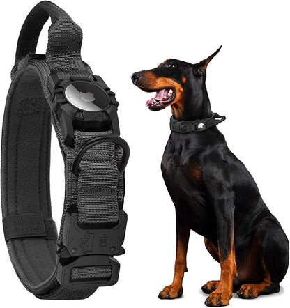 Waterproof Tactical Dog Collar with AirTag Holder - Heavy Duty Adjustable Collar for Medium to Large Dogs, Control Handle &amp; Apple AirTag Compatible [Black,