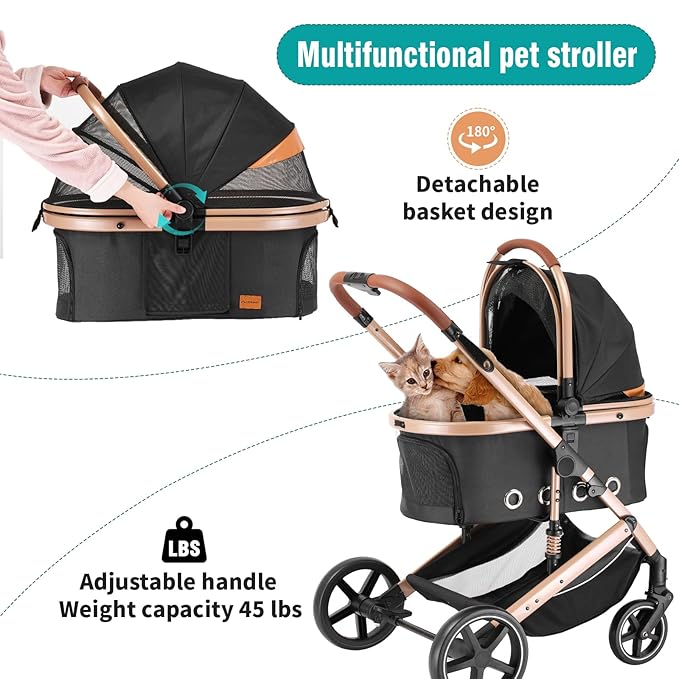 EchoSmile 4 in 1 Pet Stroller, Folding Lightweight Cat &amp; Dog Stroller with Detachable Carrier, NO-Zip 180° Reversible Canopy, All Terrain 4-Wheel,45 lbs Capacity for Small to Medium Dogs