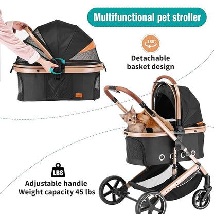 EchoSmile 4 in 1 Pet Stroller, Folding Lightweight Cat &amp; Dog Stroller with Detachable Carrier, NO-Zip 180° Reversible Canopy, All Terrain 4-Wheel,45 lbs Capacity for Small to Medium Dogs