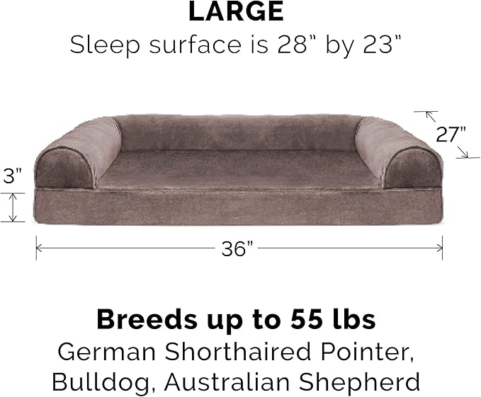 Furhaven Cooling Gel Dog Bed for Large/Medium Dogs w/ Removable Bolsters &amp; Washable Cover, For Dogs Up to 55 lbs - Faux Fur &amp; Velvet Sofa - Driftwood Brown, Large