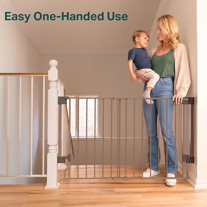 Cumbor 29.2-43" No Bottom Bar Baby Gate for Stairs, 2-in-1 Hardware Mounted Dog Gate Indoor, Pet Gate for Doorways with Large Walk Thru Door, Child-Proof Safety Gate for Top &amp; Bottom of Stairs (Brown)