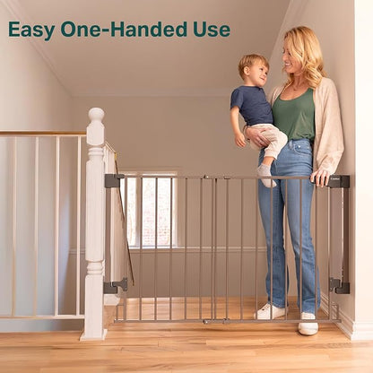 Cumbor 29.2-43" No Bottom Bar Baby Gate for Stairs, 2-in-1 Hardware Mounted Dog Gate Indoor, Pet Gate for Doorways with Large Walk Thru Door, Child-Proof Safety Gate for Top &amp; Bottom of Stairs (Brown)