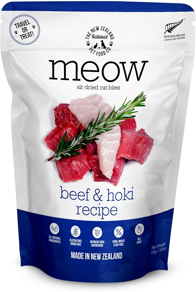 Meow Air Dried Cat Food - Beef &amp; Hoki Recipe,High Protein Dry Cat Food, Training Treats, Meals &amp; Toppers,3.5oz