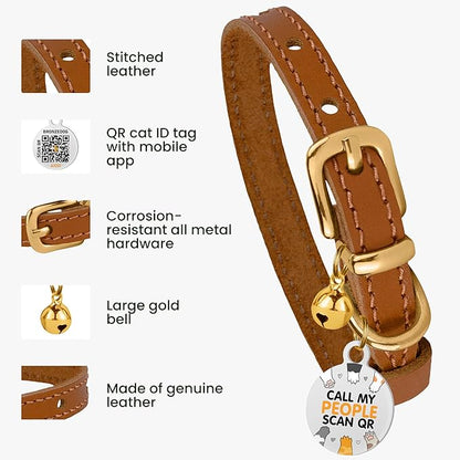 BRONZEDOG Leather Cat Collar with Removable Bells Non Breakaway Kitten QR Tag for Girl Boy (7" - 9" for Cats, Light Brown &amp; Gold)