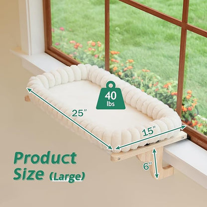 SnugCloud Cat Window Perch with 4-Sided Bolster - Orthopedic Cat Hammock for Window Sill - Solid Hardwood &amp; Metal Frame - Window Seat for Pets (Natural Color Wood w/White Bed, Large)
