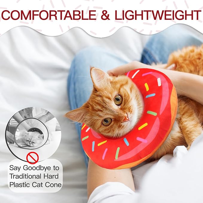 Cat Cone Collar Soft, Cute Cat Donut Collar After Surgery, Adjustable Kitten Recovery Cones to Stop Licking, Lightweight Neck Elizabethan Collars for Cats Kittens (Red, Large)
