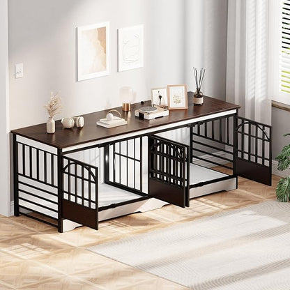 COZPAW 86 Inch Double Dog Crate Furniture for 2 Large Dogs, Decorative Dog Kennel Indoor TV Stand, Heavy Duty Wooden Dog Cage for Large Medium Dogs Sized Dog Pet House with Divider (White)