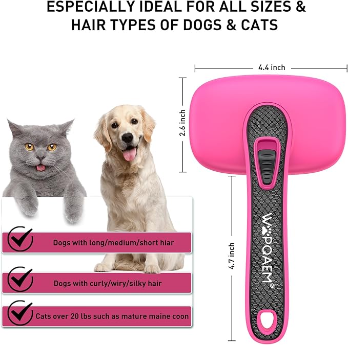 Self Cleaning Slicker Brush for Shedding Long Short Haired Dogs &amp; Cats, Remove Loose Tangling Knot Undercoat Fur Mats, Grooming Brush with Retractable Bristles for Small Medium Large Pet, Pink