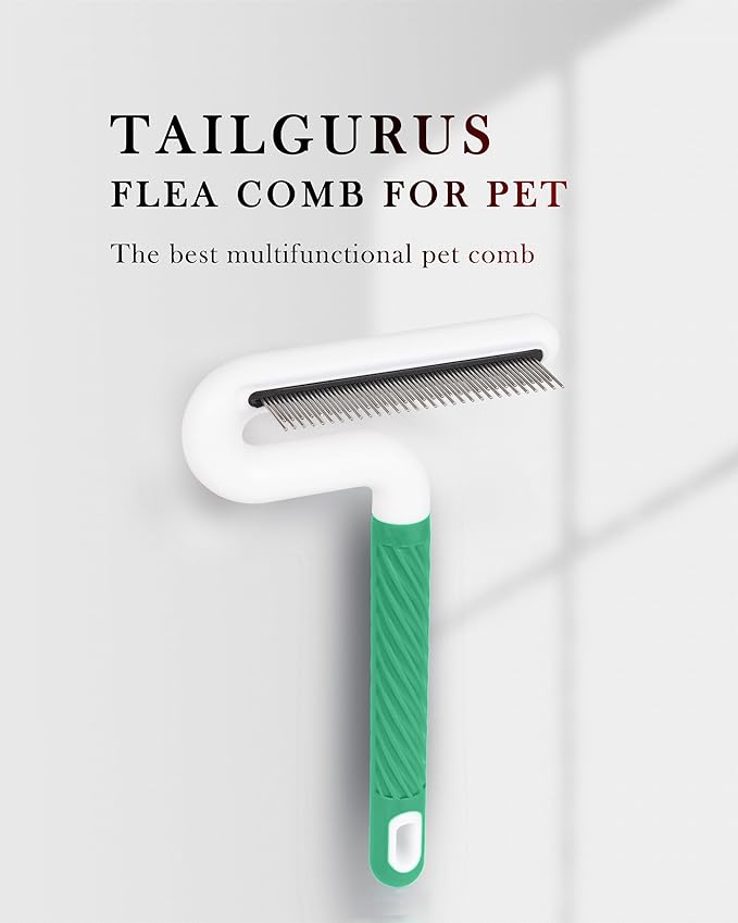 Pet Flea Comb for Dogs &amp; Cats - Grooming Tool with Long &amp; Short Steel Teeth, Safely Removes Tangles and Knots, Gentle Detangling Brush for Pet Hair (TG2043)(Green)