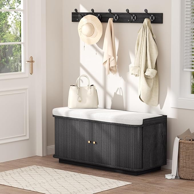 Dark Grey 39.4" W 2-Tier Shoe Bench with Storage | Entryway Bench with Padded Cushion, Sliding Doors &amp; 5 Hooks