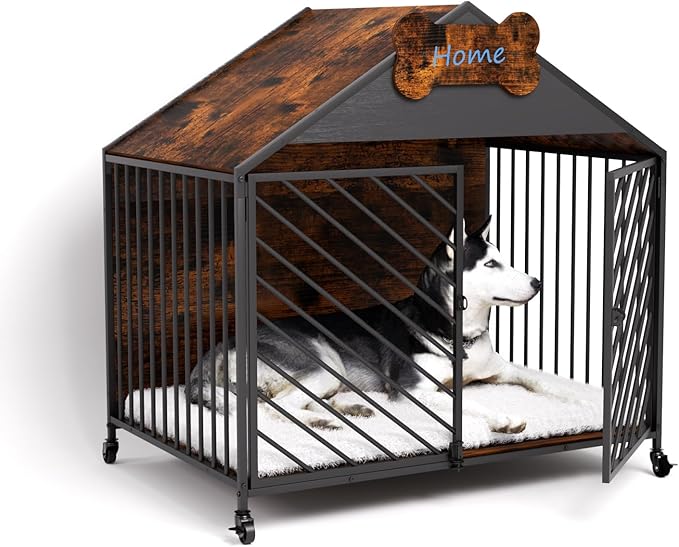 Furniture-Style Dog Crate with Gable Roof Design, Double Locking Doors Indoor Kennel for Small &amp; Medium Dogs, Chew-Proof Escape-Proof Dog Cage, Rustic Brown