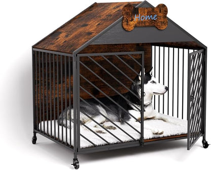 Furniture-Style Dog Crate with Gable Roof Design, Double Locking Doors Indoor Kennel for Small &amp; Medium Dogs, Chew-Proof Escape-Proof Dog Cage, Rustic Brown