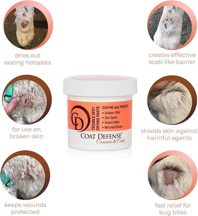 COAT DEFENSE Trouble Spot Drying Paste - Made in USA - 5 Oz Dog &amp; Cat Skin Care, Itchy Skin &amp; Allergies, Alleviates Hot Spots for Dogs &amp; Cats, Insect Bites Relief &amp; Dog Wound Care