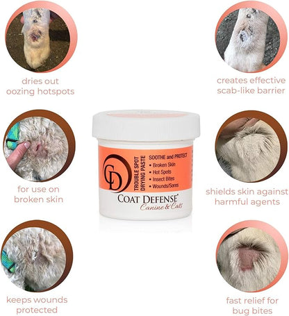 COAT DEFENSE Trouble Spot Drying Paste - Made in USA - 5 Oz Dog &amp; Cat Skin Care, Itchy Skin &amp; Allergies, Alleviates Hot Spots for Dogs &amp; Cats, Insect Bites Relief &amp; Dog Wound Care