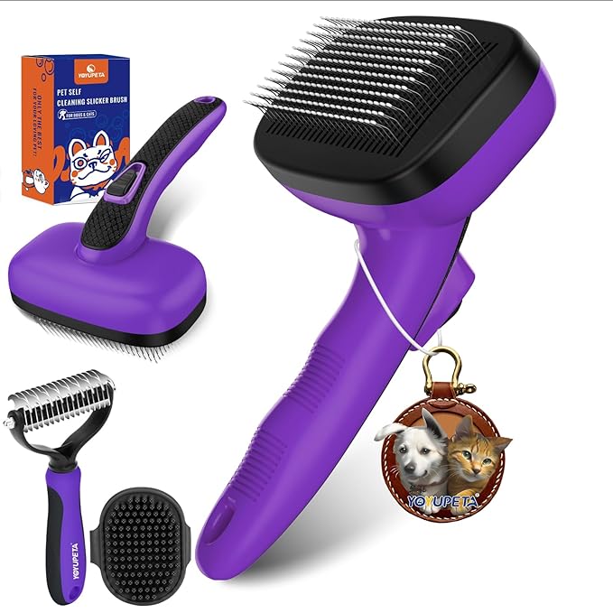 Dog Brush Kit - Self-Cleaning Slicker Brush with Bath Brush &amp; Undercoat Rake | Deshedding Tools for Large - Small Dogs &amp; Cats, Professional 3-in-1 Pet Grooming Set for Heavy Shedding, Purple