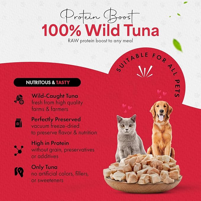 Freeze-Dried Tuna Treats for Cats &amp; Dogs – 100% Wild Caught, Single Ingredient, High-Protein, Healthy Snack – No Additives or Preservatives – 1.7oz - Inspected &amp; Tested in USA